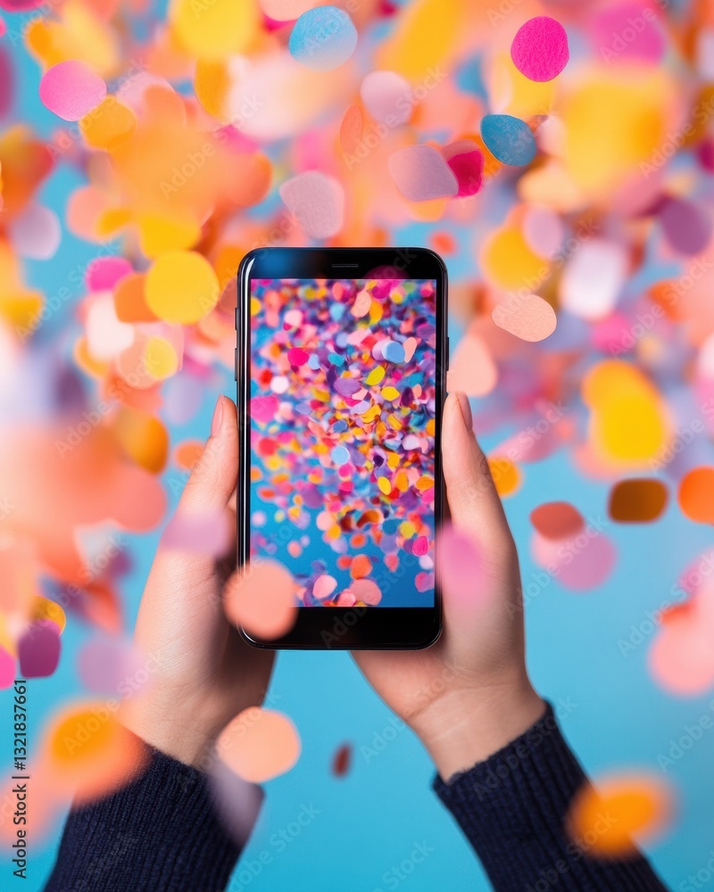 Aufkleber Immersive Digital Color Experience Dynamic Smartphone Interface with Vibrant Holographic Confetti Overlay - Next-Gen Visual Communication for Creative Millennials