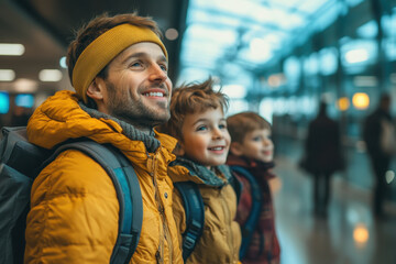 Man and son smiling while hugging at airport. Suitcases by their side, departure board visible overhead. Joyful reunion or farewell moment captured.