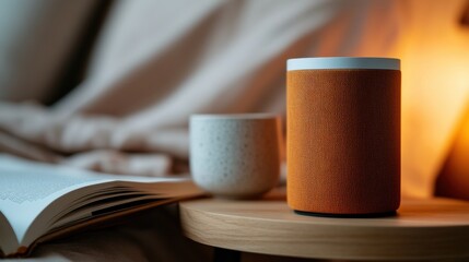 Mindful Tech Sanctuary Minimalist Smart Speaker Ambiance with Ceramic Mug and Open Book - Holistic Home Wellness and Digital Comfort Design