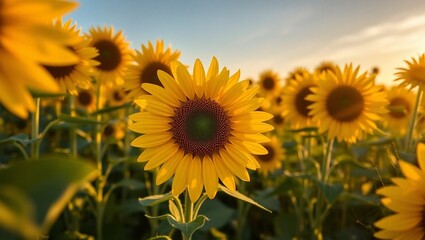 Fototapeta premium A photography of a sunflower field capturing the vast expanse of yellow blossoms under a bright summer sky.