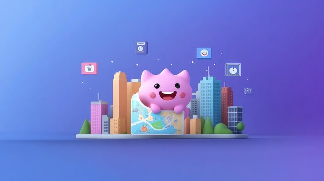 Happy cartoon cat holding a map in a cityscape with app icons.