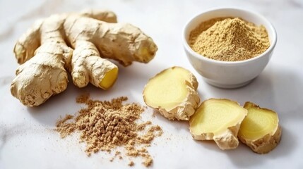 Ginger root and ginger slice. Fresh ginger root and ground ginger spice on white background.