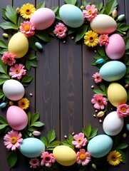 Easter eggs and flowers on wooden background. Top view with copy space