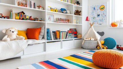 A playful kids' room with a mix of colors, vintage-inspired decor, open bookshelves, and creative wall art, embracing the organized chaos of cluttercore style