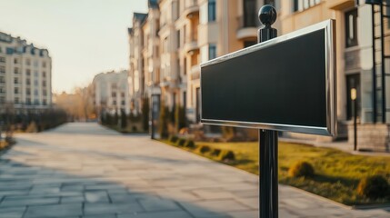 Elegant street sign on a serene path beside luxury apartments in soft evening light.