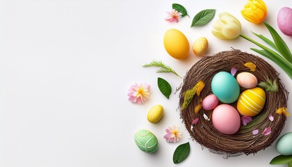Easter themed flatlay with room for text, isolated on a white background