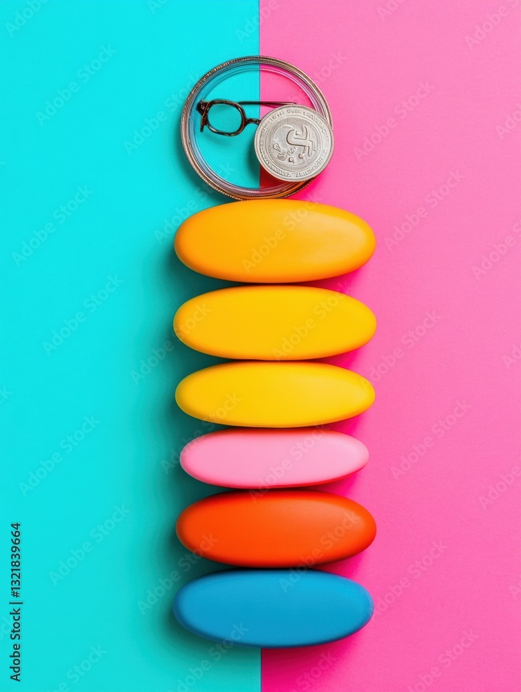 Aufkleber vibrant financial balance minimalist color-block investment strategy with geometric coin stacking - 