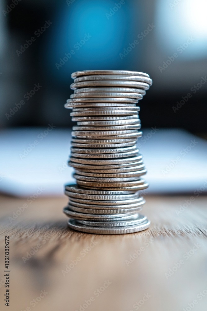 Poster minimalist financial growth precision-stacked silver coins visualizing modern wealth management, inv