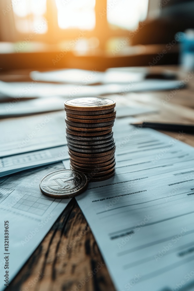 Poster digital finance transformation minimalist coin stack and spreadsheet visualizing strategic budget co