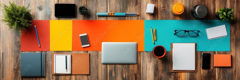 Poster Vibrant Remote Work Essentials Minimalist Productivity Layout with Color-Coded Workspace Design, Digital Nomad Inspiration and Flexible Home Office Innovation