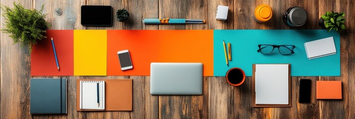 Vibrant Remote Work Essentials Minimalist Productivity Layout with Color-Coded Workspace Design, Digital Nomad Inspiration and Flexible Home Office Innovation