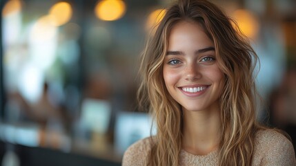 A smiling woman with curly hair and glasses engages in conversation at a reception desk with two individuals.