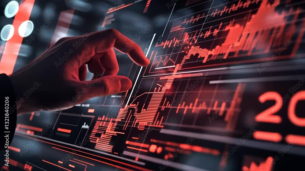 Aufkleber hand interacts with 2025 data graph on screen, blurred background