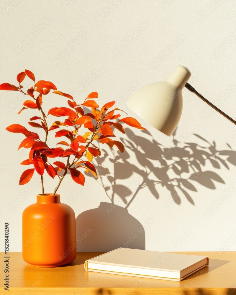 Poster minimalist autumn productivity warm terracotta study space with botanical shadow play - creative wor