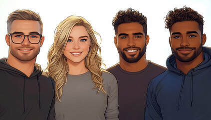 Four people are smiling for the camera. The man on the left is wearing glasses and the woman is smiling. The man on the right is wearing a hoodie