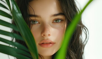 Naklejka premium Skincare commercial model, long dark hair, beauty portrait, clean, healthy skin tone, green palm leaf in front of face for contrast, white background with soft lighting