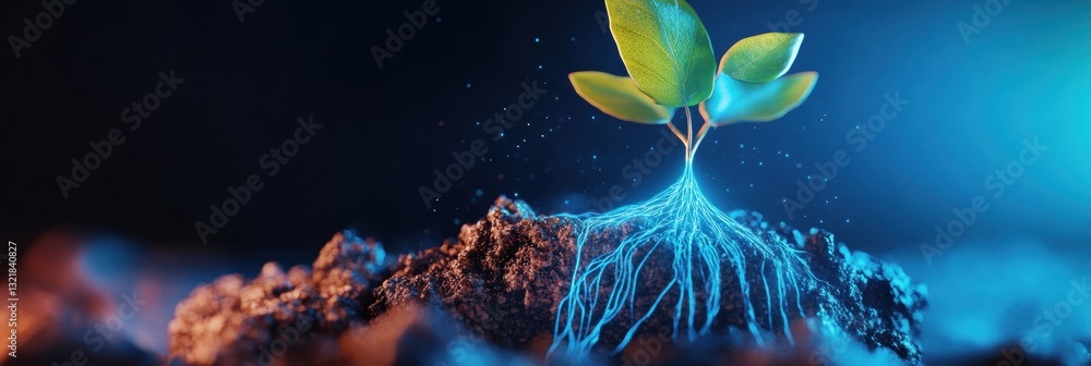 Poster Regenerative Tech Visualization Bioluminescent Ecosystem Network with Quantum Growth Seedling - Emerging Sustainable Innovation in Digital Nature Connectivity