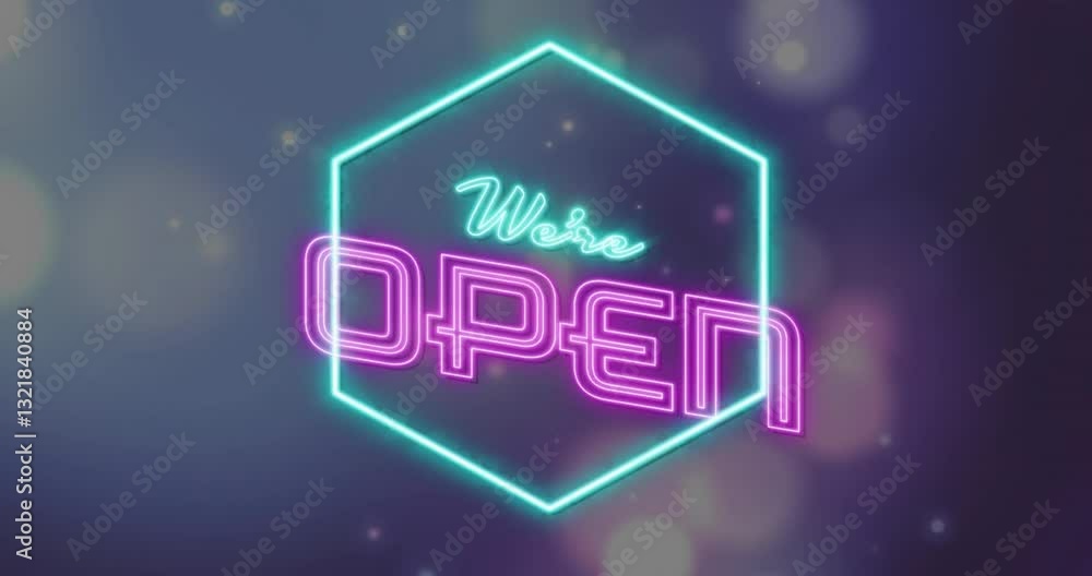 Poster displaying glowing hexagon, neon sign reading we're open on dark background
