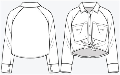 CROP LENGTH RAGLAN SLEEVES WOVEN SHIRT WITH FRONT TIE UP AND LARGE POCKET DETAIL DESIGNED FOR TEEN AND KID GIRLS IN VECTOR ILLUSTRATION FILE