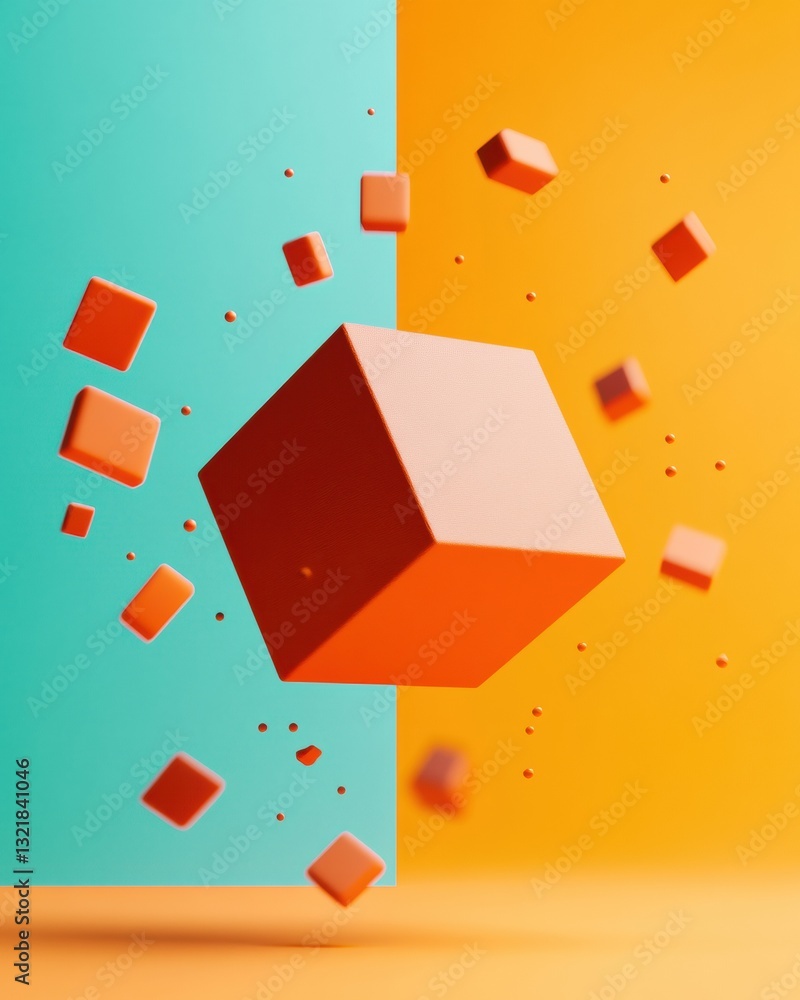 Poster geometric abstraction dynamic cube composition exploring digital design trends, minimalist color blo