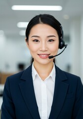 Beautiful young Asian woman using microphone as Customer service or public service operator in company