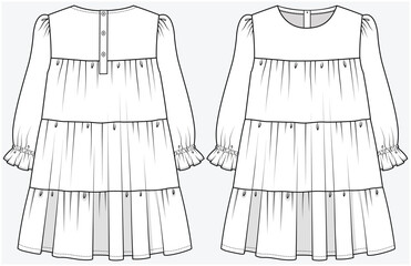 TIERED DRESS WITH LONG SLEEVES DETAIL DESIGNED FOR TEEN AND KID GIRLS IN VECTOR FILE