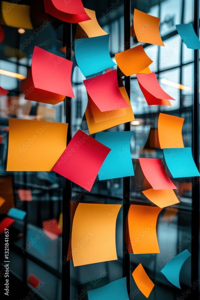Aufkleber Dynamic Collaborative Innovation Multicolor Sticky Notes Visualizing Modern Workspace Creativity, Brainstorming Strategy and Design Thinking Methodology for Agile Teams