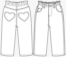 LOOSE FIT DENIM JEANS WITH PAPER BAG WAIST AND  HEART SHAPE BACK POCKET DETAIL DESIGNED FOR KID GIRLS TWEEN GIRLS AND TODDLER GIRLS IN VECTOR FILE