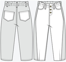 SLOUCHY FIT BAGGY FIT DENIM JEANS WITH PAPER BAG WAIST FRONT HEM DART AND CUT AND SEW DETAIL DESIGNED FOR KID GIRLS TWEEN GIRLS AND TODDLER GIRLS IN VECTOR FILE