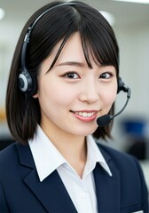 Beautiful young Asian woman using microphone as Customer service or public service operator in company