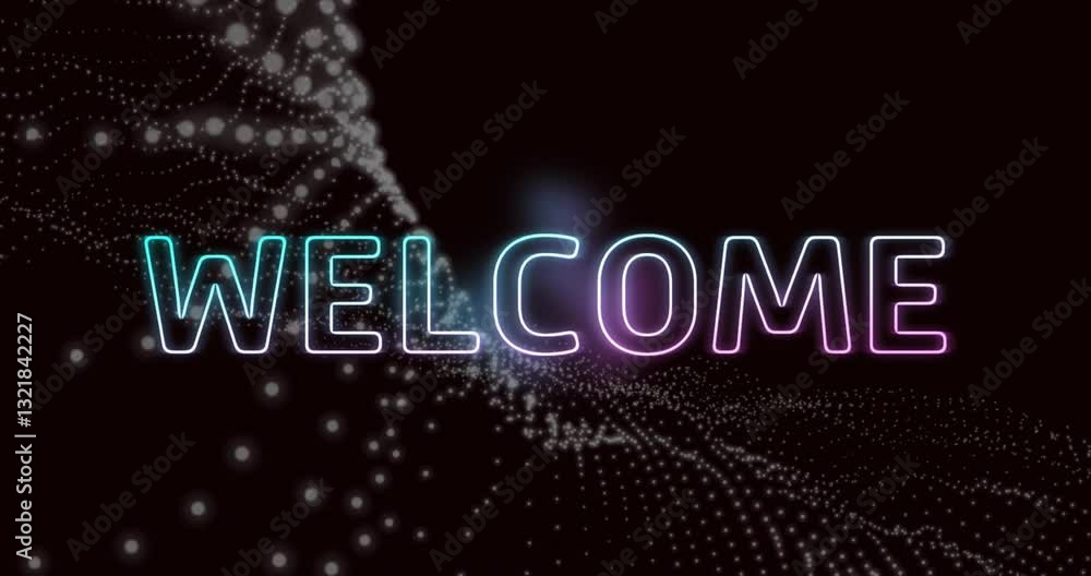Poster glowing welcome text with animation over dynamic wave pattern on dark background