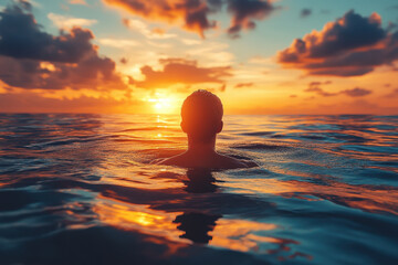 A man is swimming in the ocean at sunset