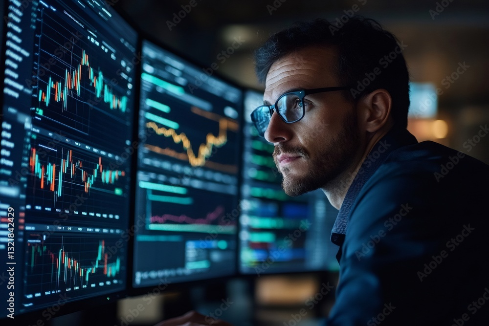 Poster Financial analyst working late analyzing charts on multiple computer screens