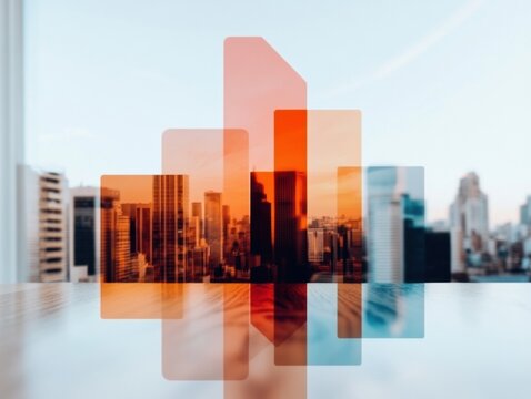 Urban Parallax Geometric City Skyline Reimagined through Translucent Layers - Innovative Design Visualization for Digital Branding and Creative Marketing Narratives