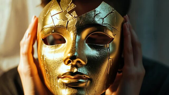 Golden illusion: A portrait of a person holding a fractured gilded mask