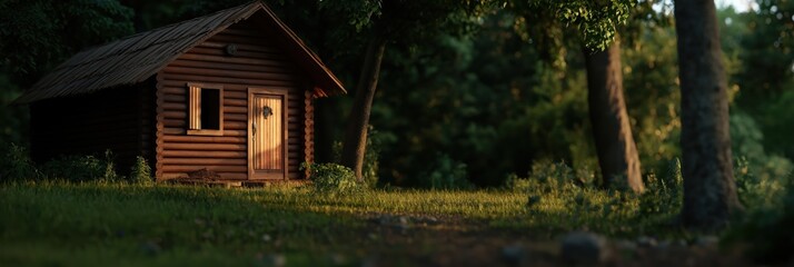 A charming wooden cabin stands amidst lush greenery in a serene forest setting, evoking feelings of tranquility, simplicity, and a deep connection to nature.