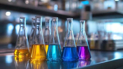 Colorful laboratory flasks filled with vibrant liquids, showcasing a scientific experiment or chemical reaction.