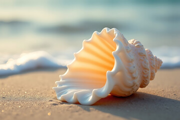 A peaceful beach  featuring a seashell on sand, with soft waves lapping at the shore under a calm sky. AI-generated.