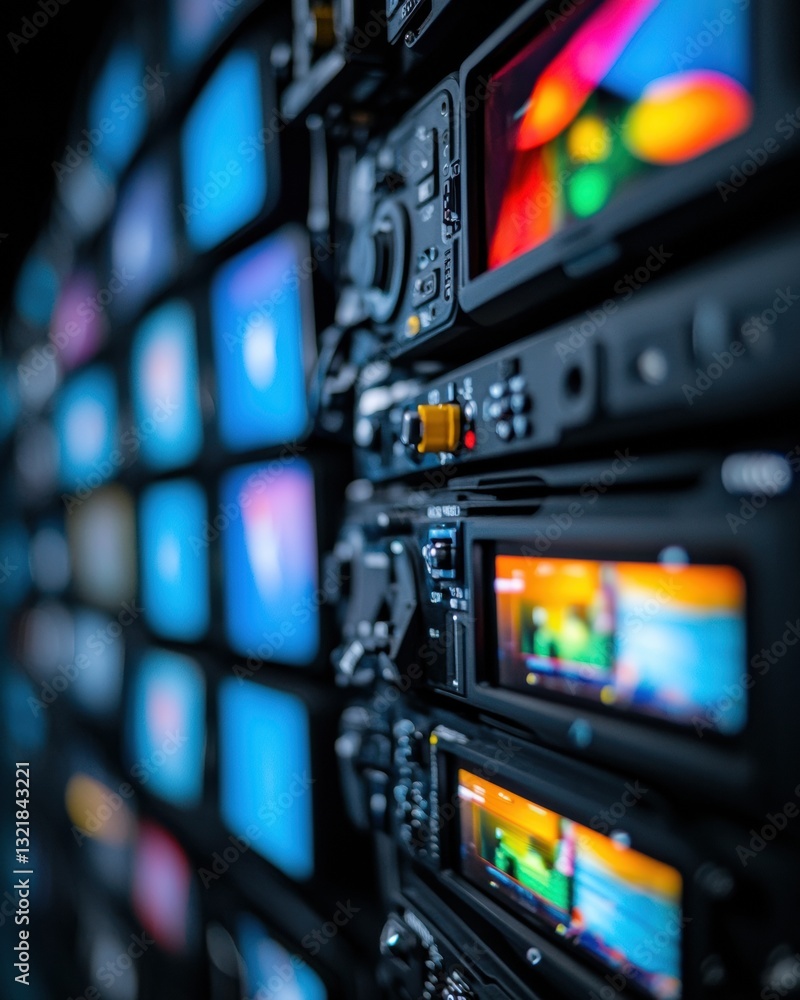Aufkleber Immersive Digital Media Hub High-Performance Broadcast Control Room Visualizing Next-Gen Journalism with AI-Enhanced Multiscreen Technology and Dynamic Content Workflow