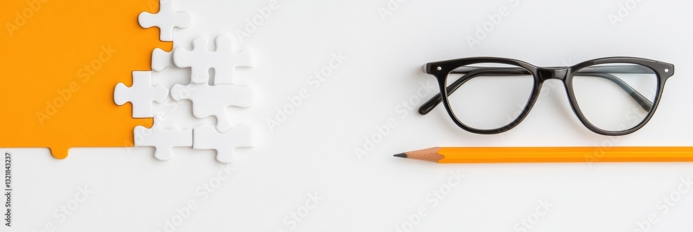 Poster Mindful Productivity Essentials Minimalist Problem-Solving Aesthetic with Sleek Eyewear, Precision Pencil and Puzzle Metaphor for Cognitive Performance
