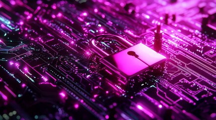 Cybersecurity concept with padlock on a futuristic circuit board design