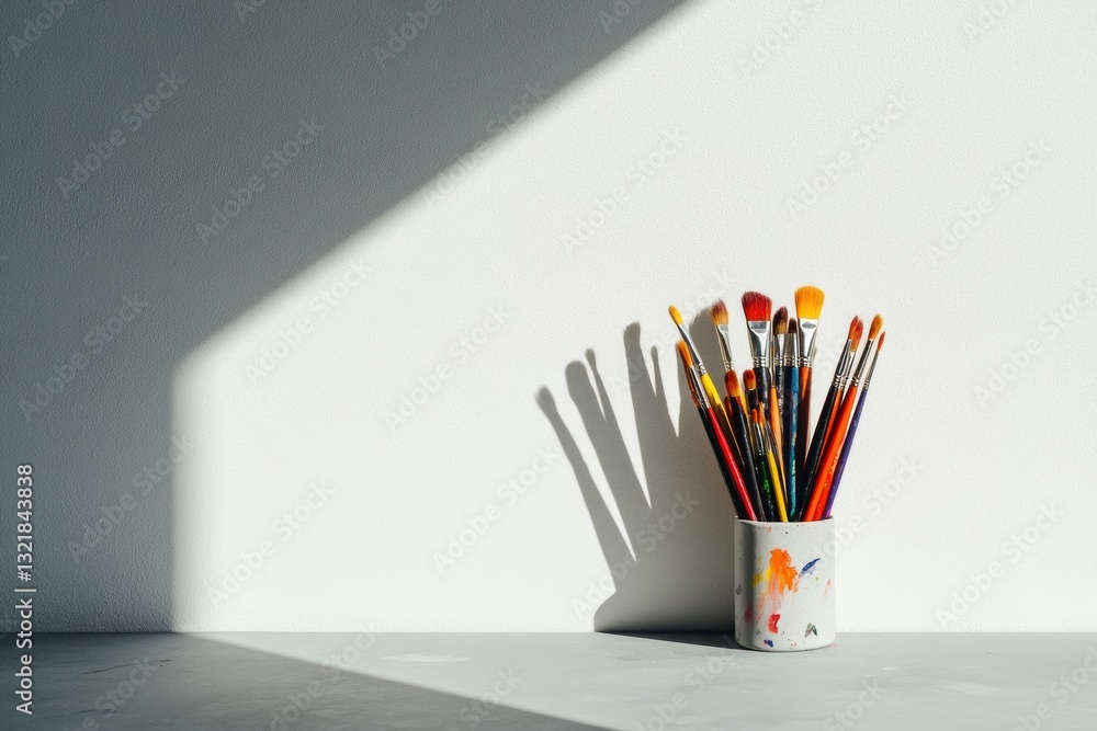 Poster minimalist creative studio soft light illuminating vibrant paintbrushes - artistic workspace inspira