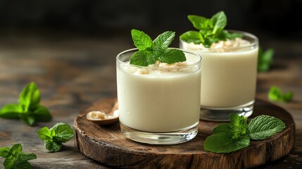 Two glasses of creamy dessert topped with fresh mint leaves, presented on a wooden board with scattered mint, creating a delightful and inviting scene.