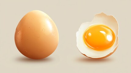 A realistic illustration of an egg next to a cracked eggshell, revealing a bright yellow yolk inside.