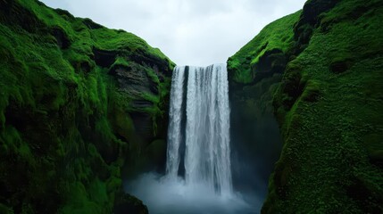 Naklejka premium Mystical Icelandic waterfall surrounded by lush green cliffs, glowing mist adding a magical touch