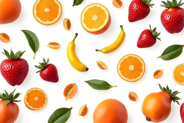 Obraz premium Colorful Fruit Pattern with Oranges, Strawberries, Bananas, and Grapefruit on White Background