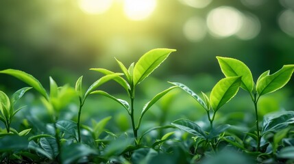 Obraz premium fresh and healthy young tea plant growing in one row on the ground with sunlight in different levels