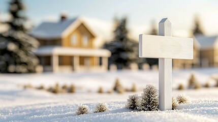 Naklejka premium A serene winter scene featuring a blank sign in the snow with a cozy wooden house in the background.