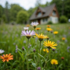 Tranquil Wildflowers House in Background