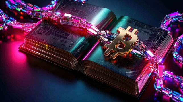 A glowing book bound by chains and adorned with a Bitcoin symbol, representing the intersection of finance and technology.